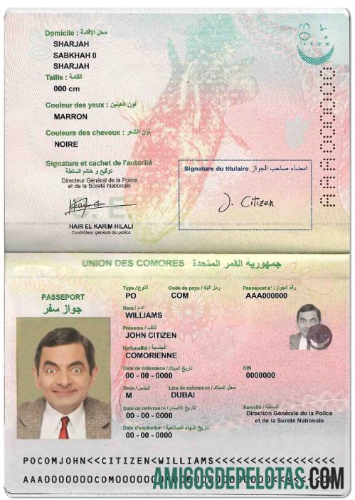 Passaporte da União das Comores exemplo